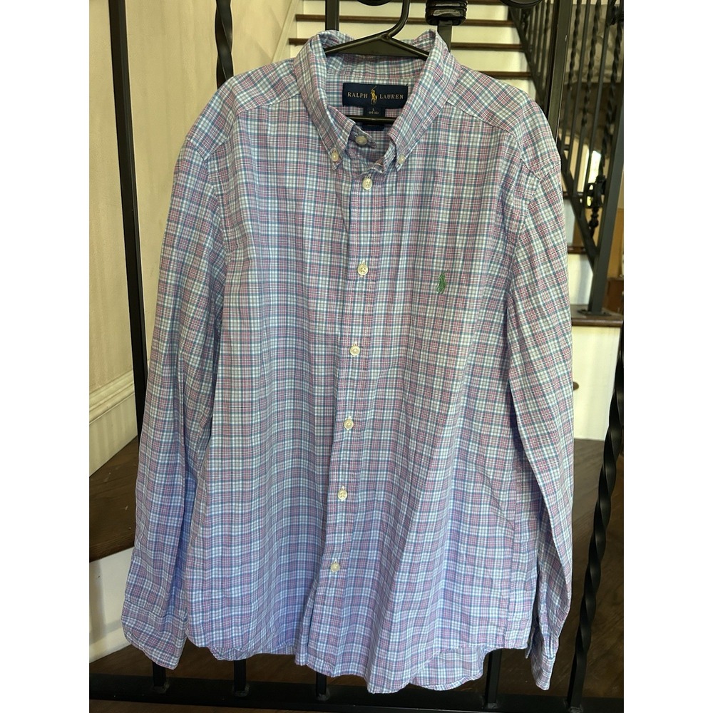 Boy's Size Large 14-16 Ralph Lauren Polo Shirt Long Sleeves Button Up Plaid Blue